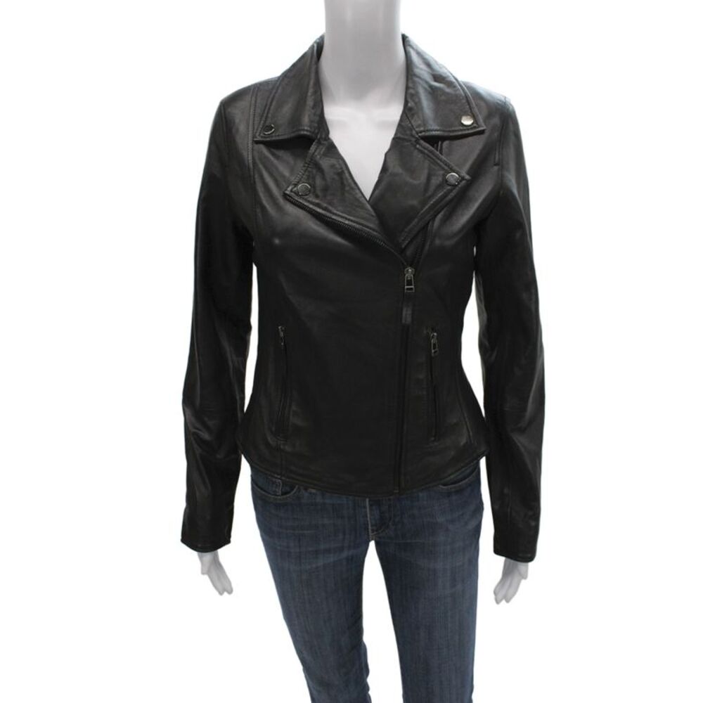 Bod & Christensen Women Biker Leather Motorcycle Jacket Black Snap Size S